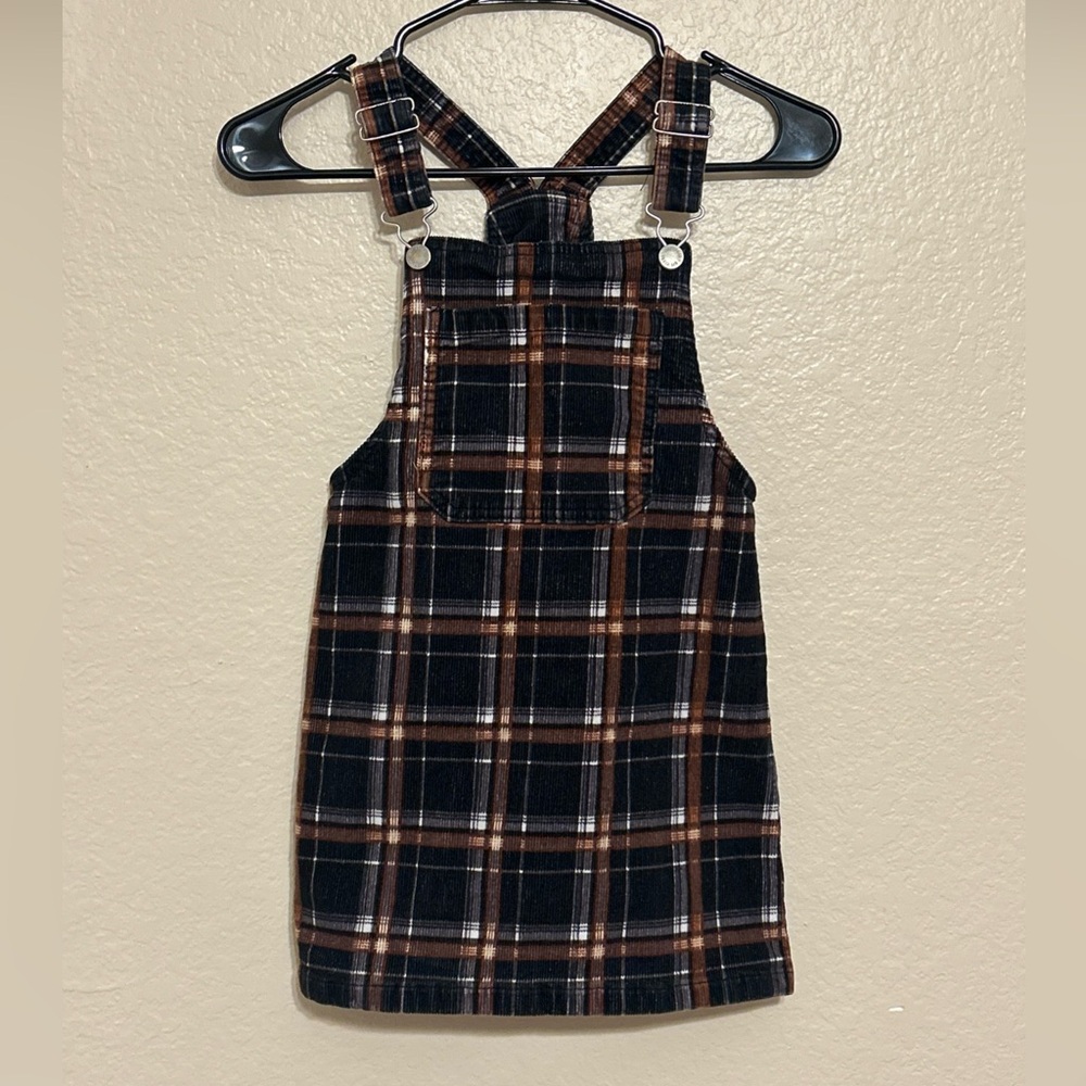 Art Class Bib Overall Dress Brown Black Plaid     Corduroy Girls M  7/8